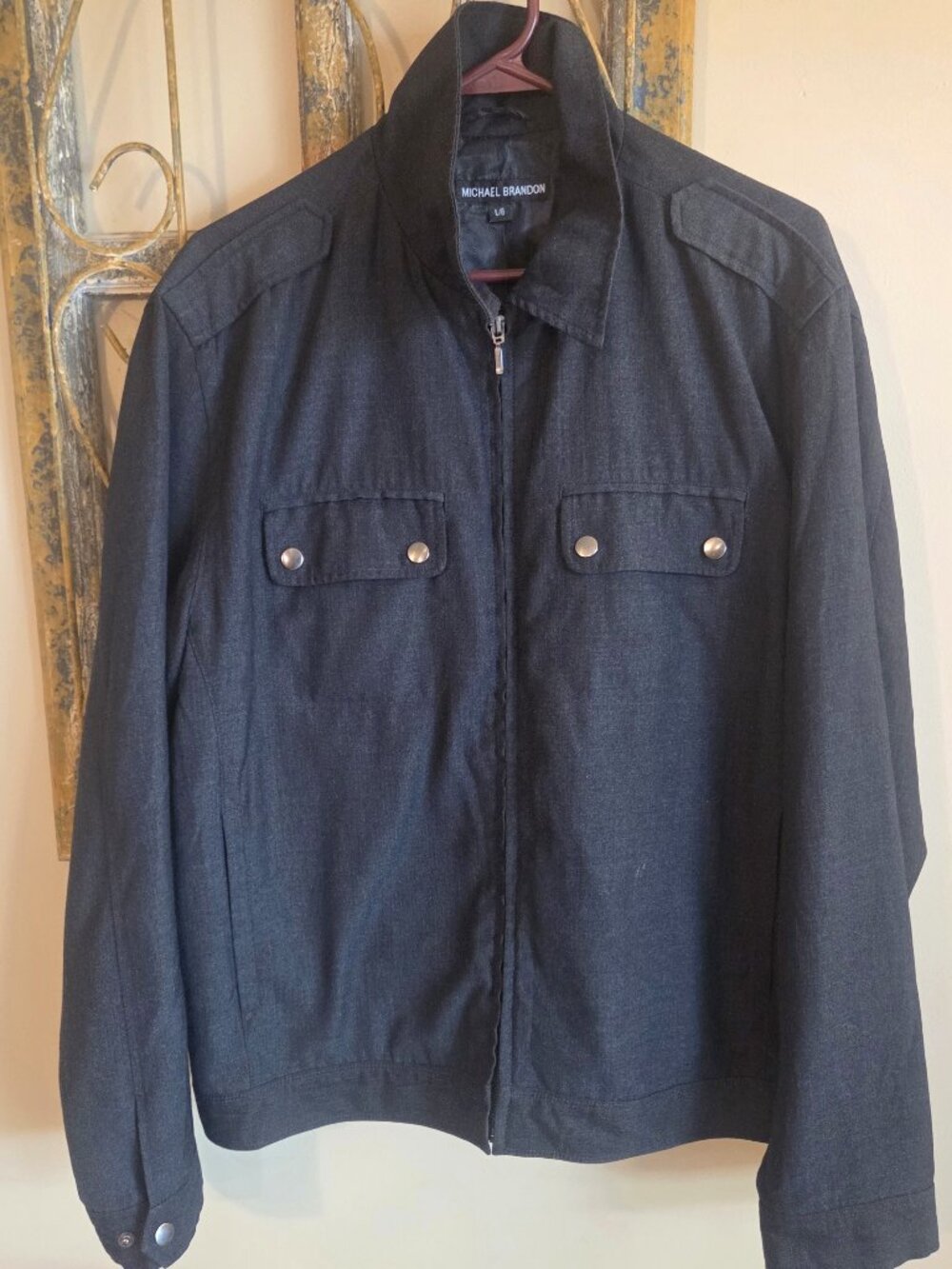 Michael Brandon Men's Full Zip Utility Jacket Gray Epaulets Snap Pockets Size L
